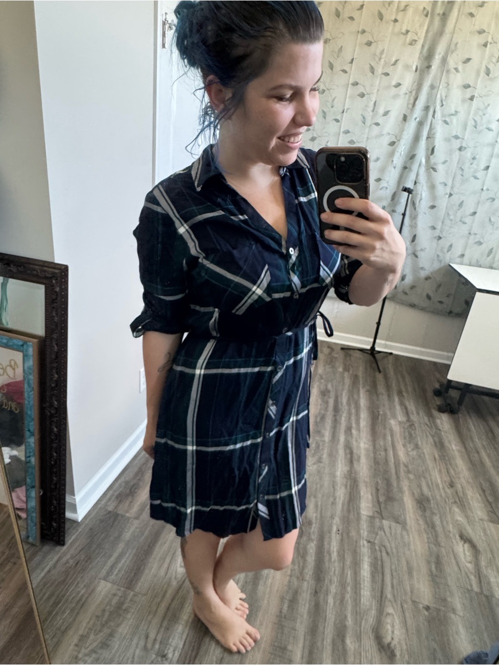 *3 for $15* Tinsel Navy Plaid Button-Front Mini Dress